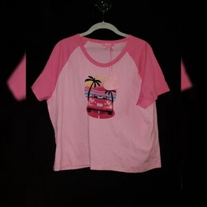 Dolls Kill Pink Crop Top with Car and Palm Tree Graphic